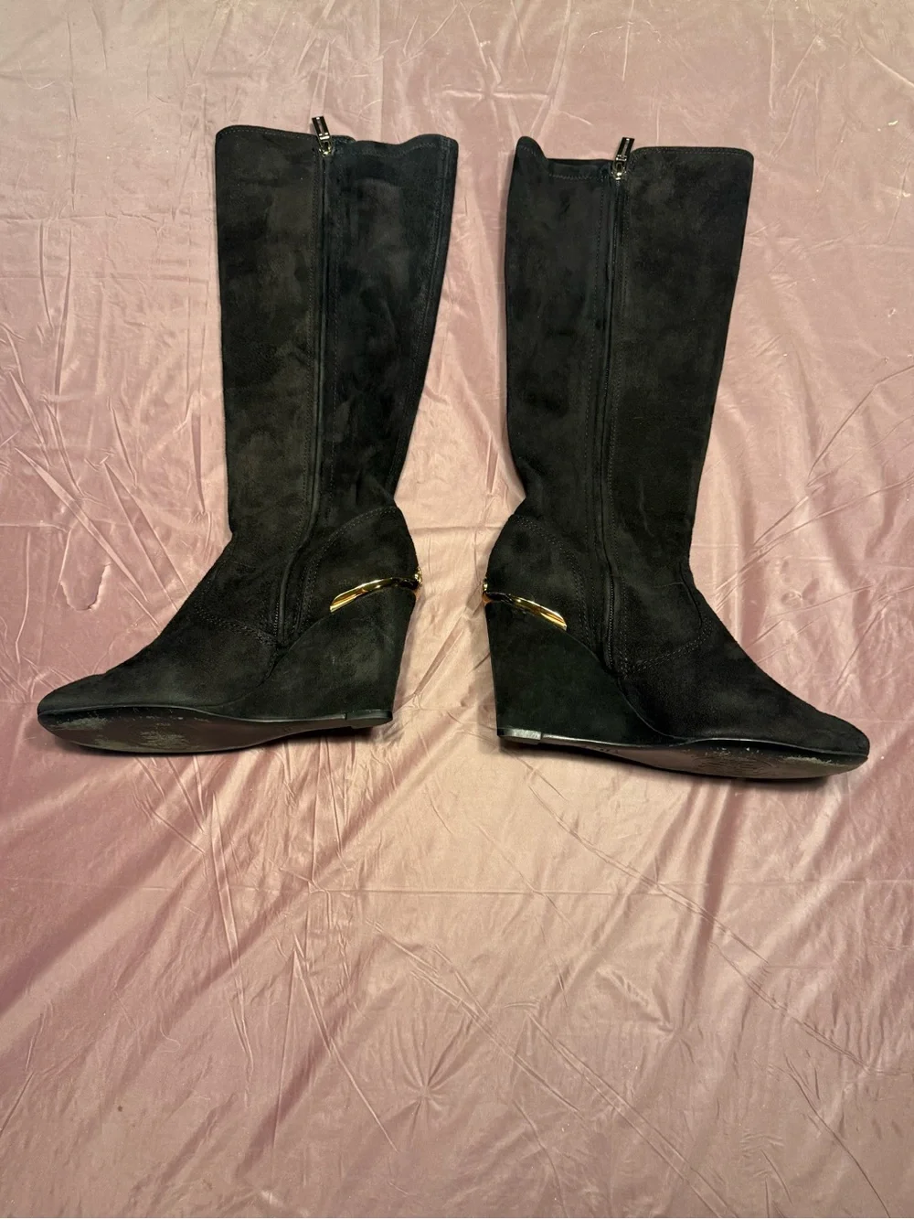 Tory Burch Hendin Black Gold Suede Leather Knee-High 3.5” Wedge Boots Size 8